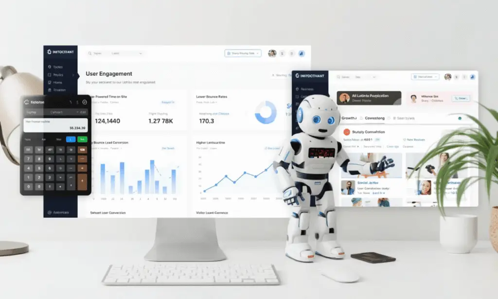 AI Calculators with Chatbots for Better UX 2 A clean desktop workspace featuring a humanoid robot standing in front of dual computer monitors displaying user engagement analytics. The screens show graphs, charts, and metrics such as time on site, bounce rates, and lead conversion. A digital calculator window is open on one screen, showing financial data. The setup highlights the integration of AI tools like calculators and chatbots to boost website performance. A white keyboard, mouse, smartphone, and plant are also visible, adding to the modern and professional look.