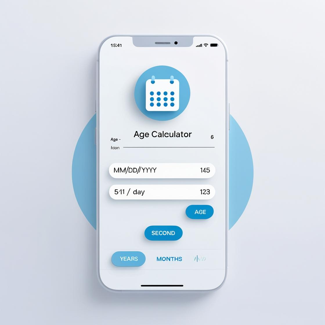 A modern flat-style Age Calculator interface displaying a calendar icon, input date fields for birthdate, and an output showing age in years, months, days, minutes, and seconds on a clean white and blue background.