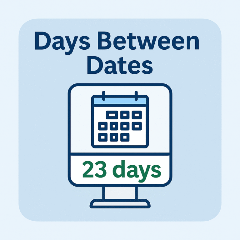 Days Between Dates 1 Date difference calculator showing '23 days' as the result between two dates.
