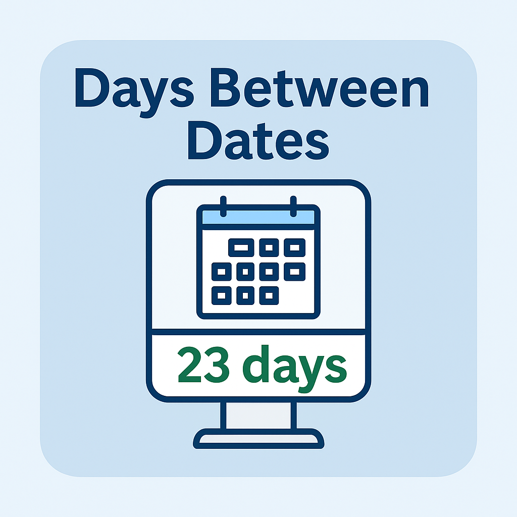Date difference calculator showing '23 days' as the result between two dates.