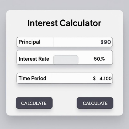 Interest Calculator interface showing sample inputs: $90 principal, 50% interest rate, $4.100 time period, with CALCULATE buttons.