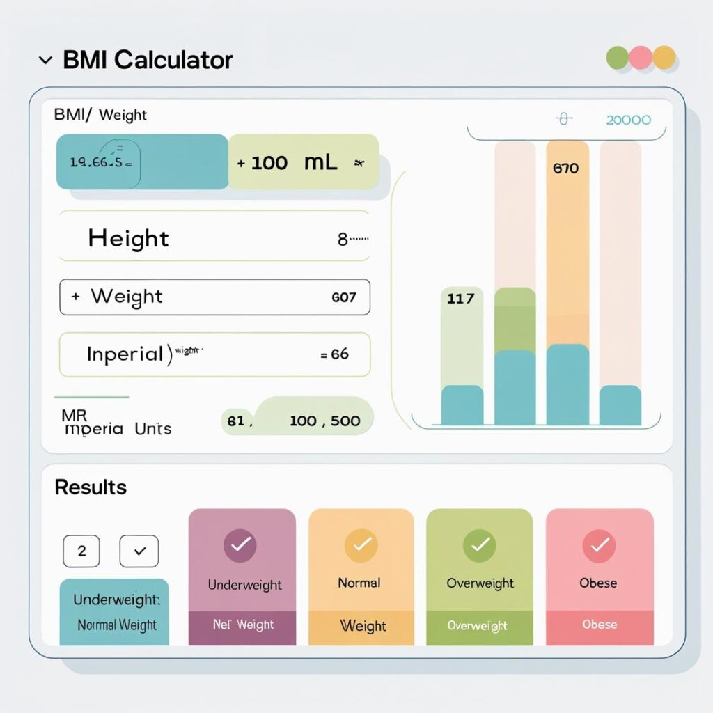 A digital BMI calculator interface displaying weight, height, and imperial unit inputs alongside a colorful bar graph showing different BMI results such as underweight, normal, overweight, and obese. Includes sections for data entry, result display, and visual indicators of health categories.