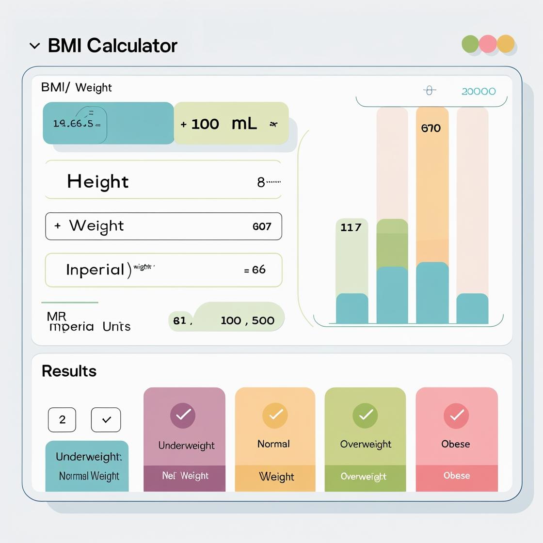 A digital BMI calculator interface displaying weight, height, and imperial unit inputs alongside a colorful bar graph showing different BMI results such as underweight, normal, overweight, and obese. Includes sections for data entry, result display, and visual indicators of health categories.