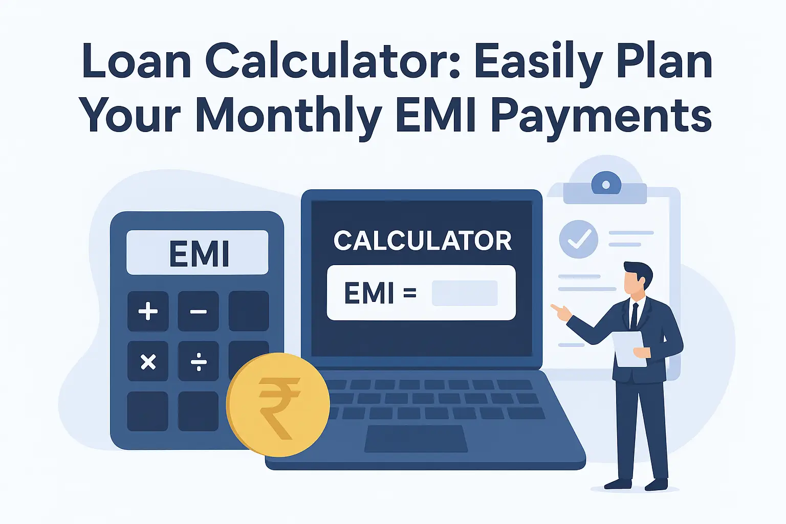 Illustration of a loan calculator concept showing a laptop screen with EMI calculation, a calculator labeled EMI, a gold rupee coin, and a businessman pointing at financial data, representing monthly EMI planning. Loan Calculator EMI Payments