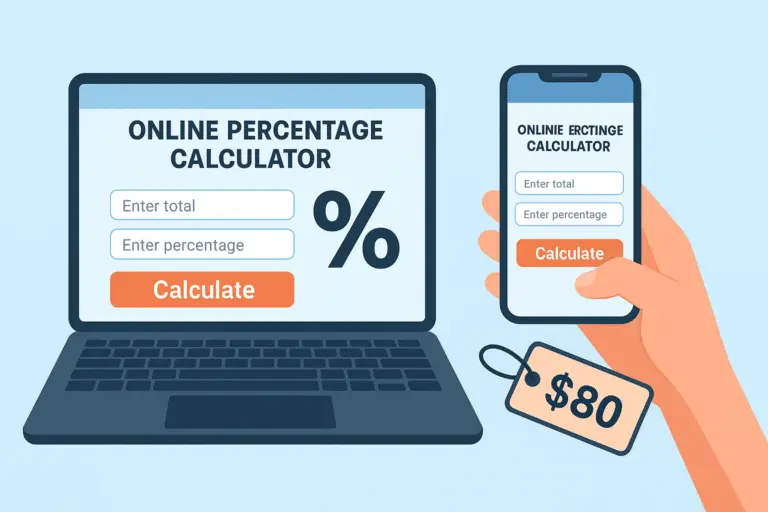 Illustration of a laptop and smartphone screen displaying an Online Percentage Calculator