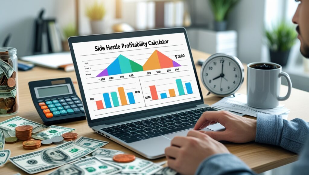 Realistic photo of a person using a Side Hustle Profitability Calculator on a laptop, with charts, money, coins, calculator, and clock on a desk.