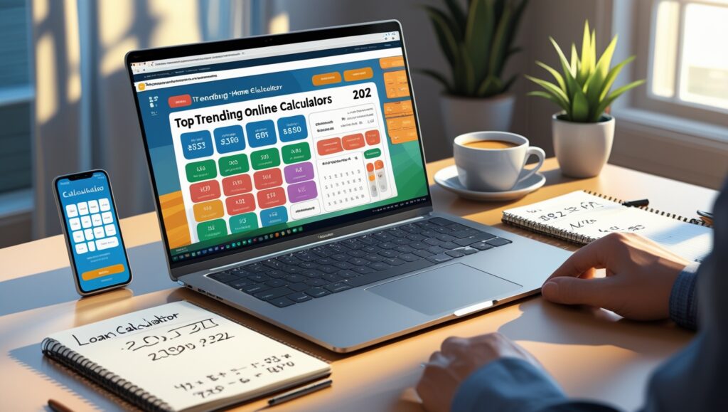 Modern workspace with laptop and smartphone displaying top free online calculators 2025 on screen, with notes and coffee cup.