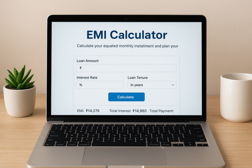 A laptop screen showing an EMI Calculator Online website.