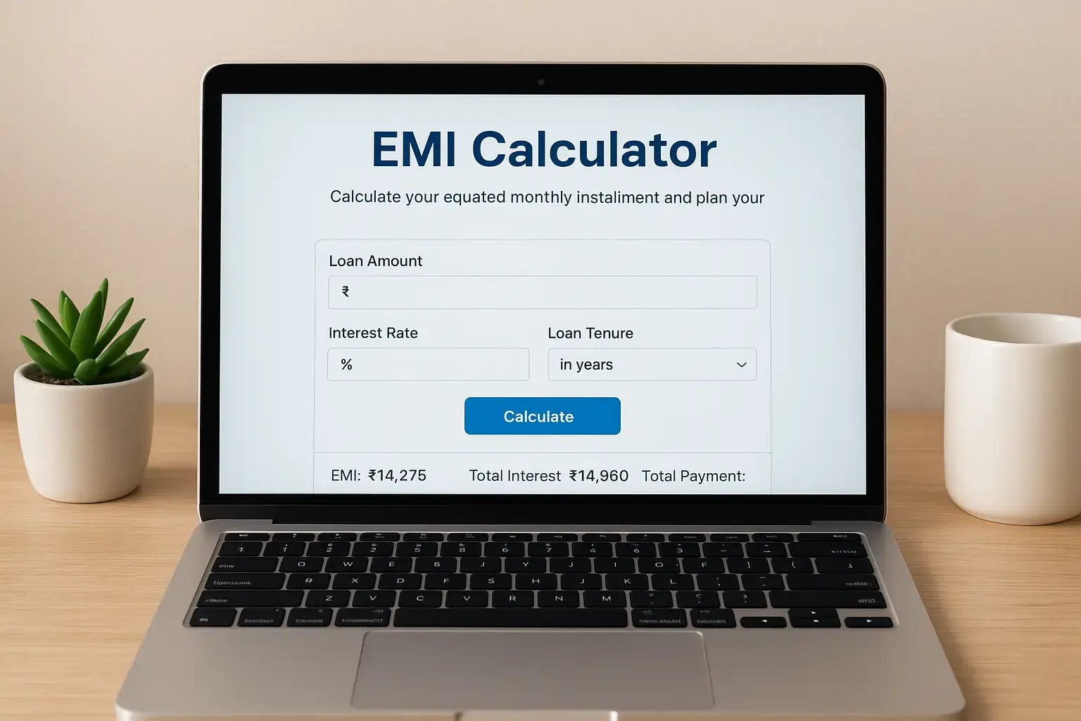 A laptop screen showing an EMI calculator online website.