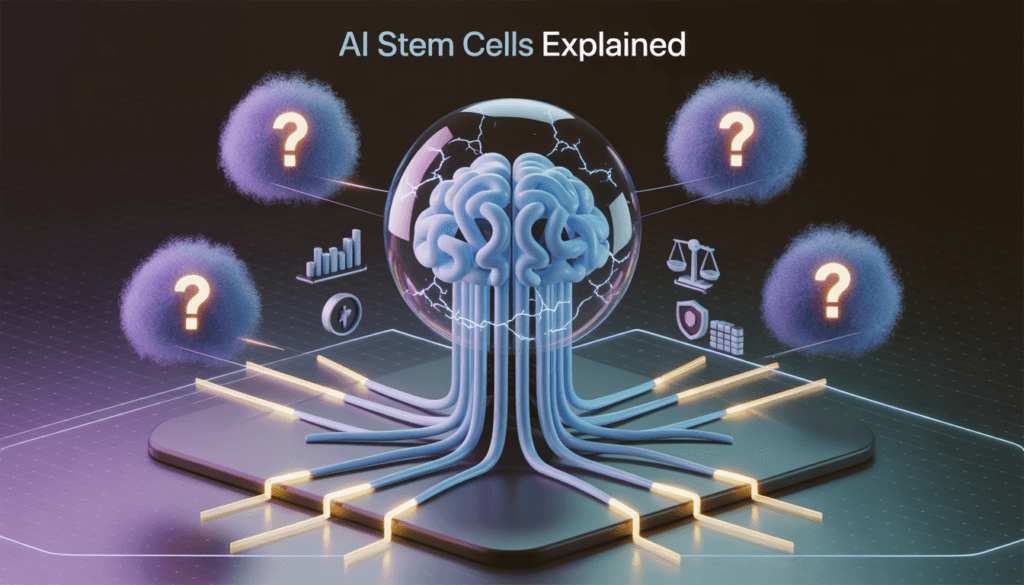 AI Stem Cells illustration: glowing blue neural network core with purple hallucination clouds branching into finance charts, medical, legal, and security icons on dark gradient background