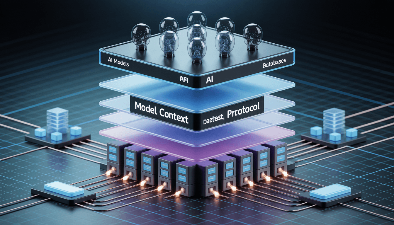 Diagram showing a multi-layer architecture for Azure Model Context Protocol (MCP) connecting AI Models to a central context layer, databases, and Azure server infrastructure.