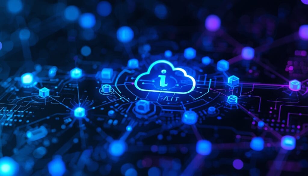 Digital illustration representing Azure Model Context with a central cloud icon, circuit board network, and connected data points in blue and purple tones.