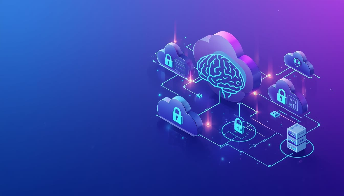 Minimalist isometric illustration representing secure enterprise Azure Model Context, showing an AI brain connecting to cloud servers and databases with lock and shield icons.