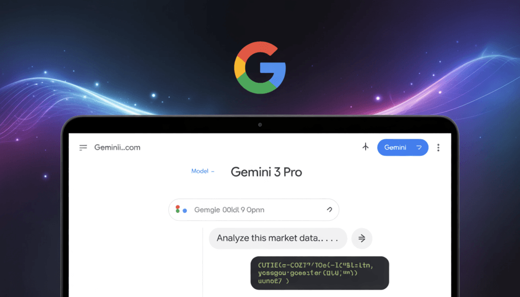 Google Gemini 3 Pro interface on gemini.google.com - premium AI model selector active with futuristic neural network visualization and chat workspace, perfect for advanced AI tasks