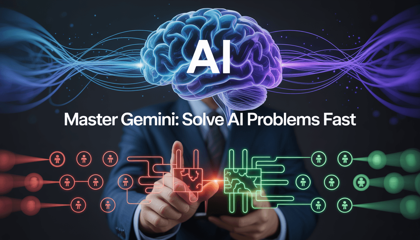 Dynamic hero banner showing AI neural network with nodes connecting a human hand resolving digital puzzle from red errors to green solutions, overlaid with "Master Gemini: Solve AI Problems Fast" text, representing Gemini AI troubleshooting FAQs.