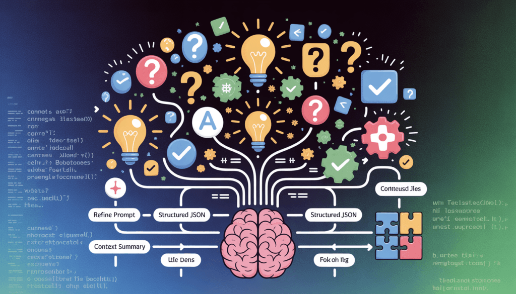 Illustrative flowchart depicting AI problem-solving transformation: from chaotic errors and question marks on the left, flowing through an analyzing AI brain with steps like 'Refine Prompt', 'Gemini AI Model' and 'JSON Output,' to resolved lightbulbs and checkmarks on the right, symbolizing Gemini AI troubleshooting FAQs.