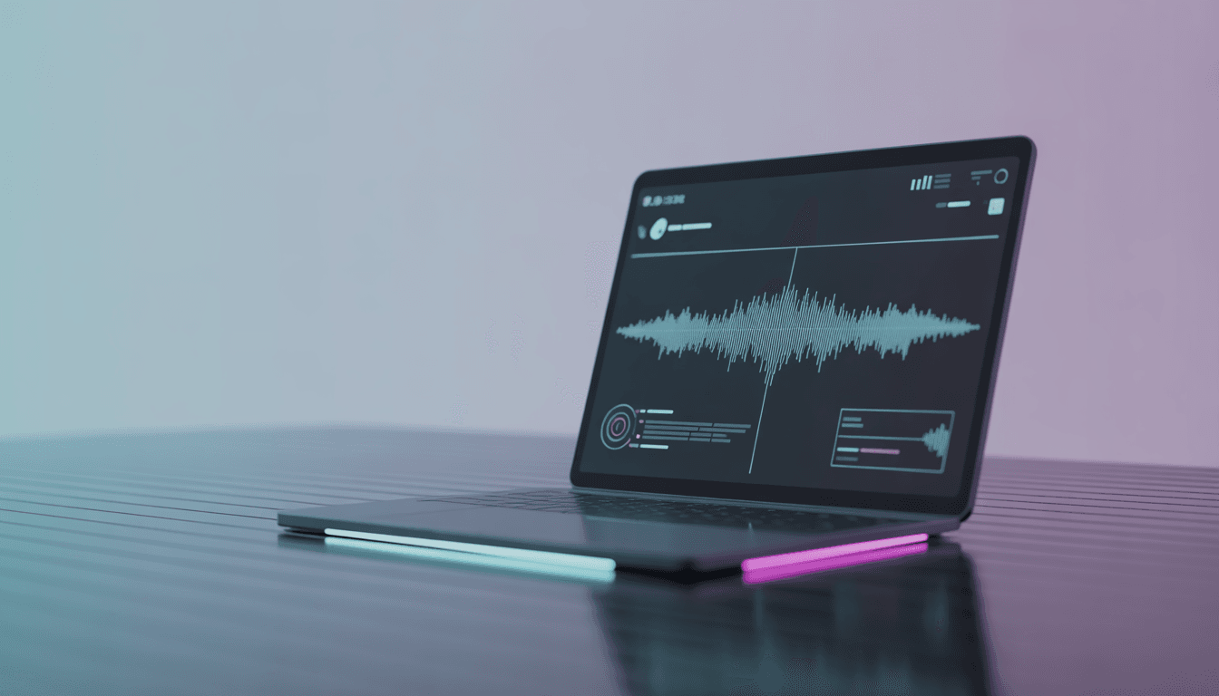 Inworld TTS-1.5 minimalist laptop display showing real-time AI voice analytics and audio waveform visuals