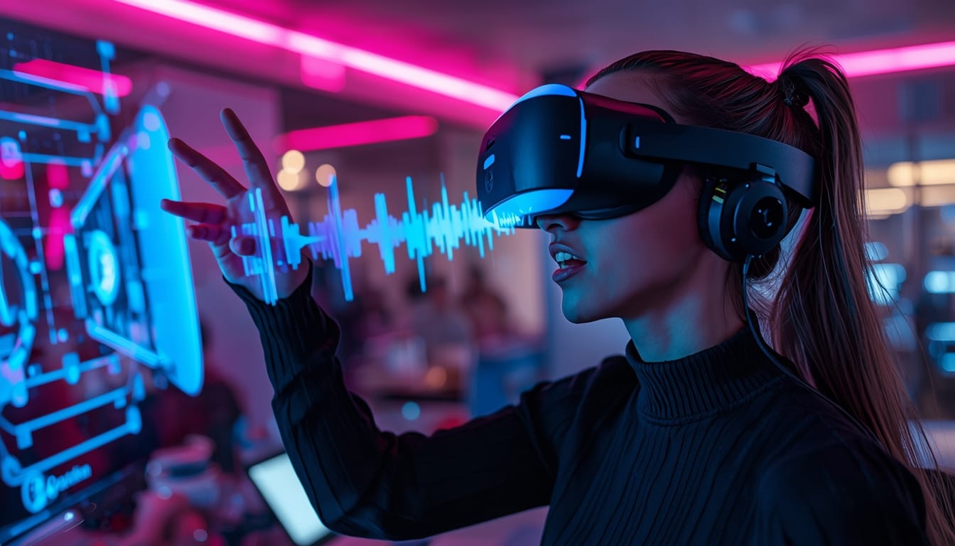 Inworld TTS-1.5: Person wearing a modern VR headset interacting with a holographic AI assistant