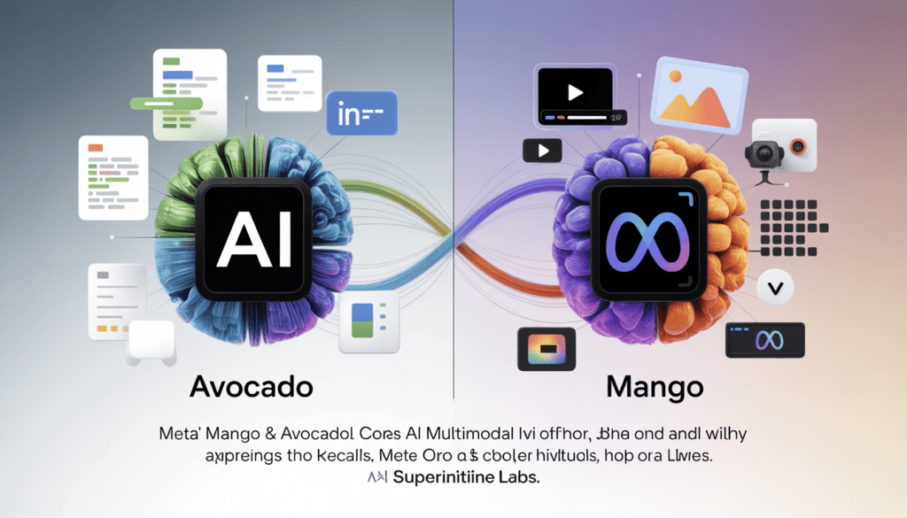Meta Mango AI models and Avocado text AI illustration showing multimodal AI with text, image, and video intelligence in 2026