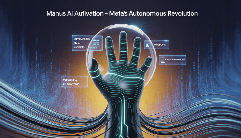 Vertical cinematic hero image: Sleek metallic Manus AI hand emerging from swirling Meta particle effects, holding glowing orb of live autonomous workflows, dramatic blue-to-gold gradient background with neural network patterns, 'META ACQUIRES MANUS - Autonomous AI Goes Mainstream' headline