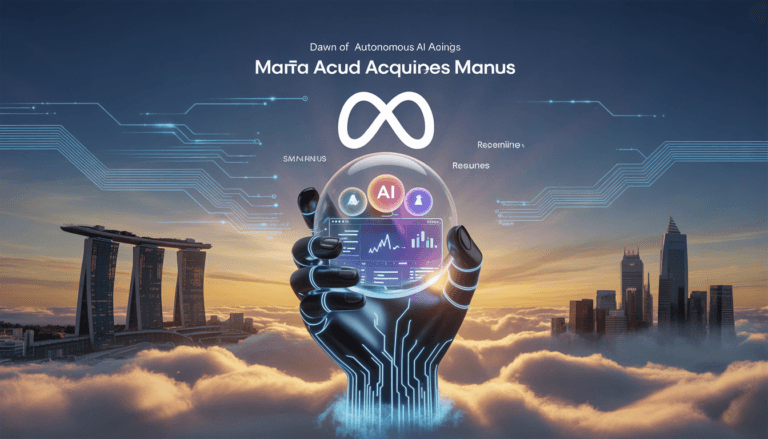 Dramatic close-up of titanium robotic hand (Manus) breaking through Meta-blue digital portal, grasping holographic orb displaying autonomous AI workflows - 'Market Analysis 87% Complete, Code Deployed, Candidates Ranked' with META logo and $2B valuation overlay