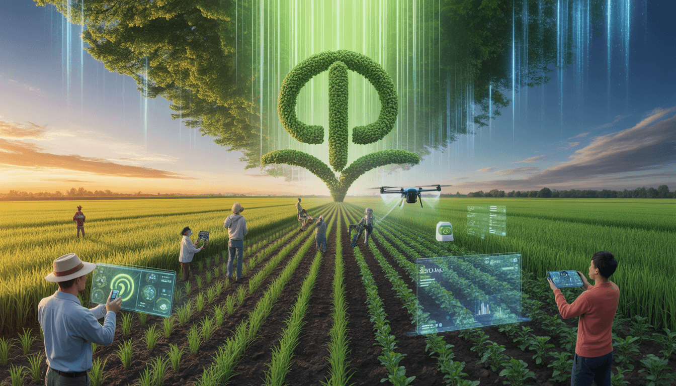 Sweeping aerial view of golden rice fields under brilliant sunset with Sinong AI overlay displaying real-time 98% accurate disease detection heatmaps, 40% irrigation optimization, and 25% yield predictions across 10,000 acres of Asian farmland.