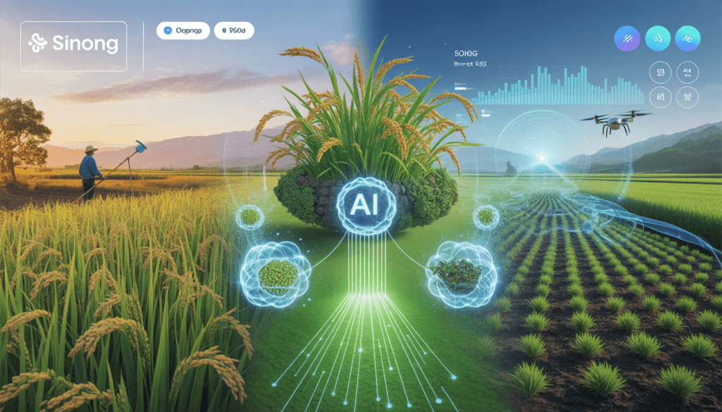 Sinong AI interface displaying real-time rice crop disease detection with 98% accuracy heatmaps, yield optimization charts, and multilingual farmer recommendations across Asian farmlands.