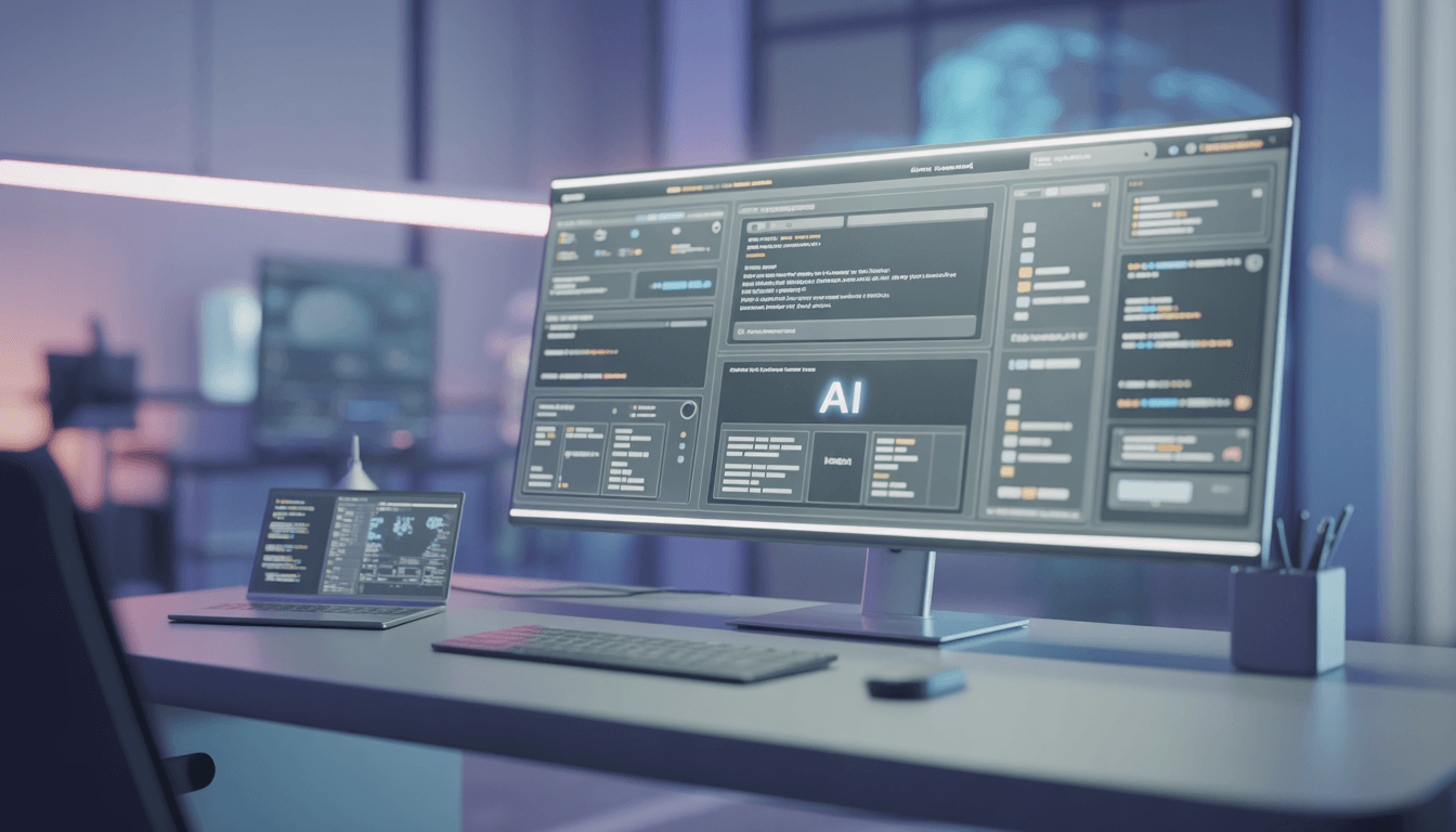 Futuristic professional workspace with a large monitor displaying specialised AI tools integrated into coding, testing, content creation, and productivity workflows in 2026.