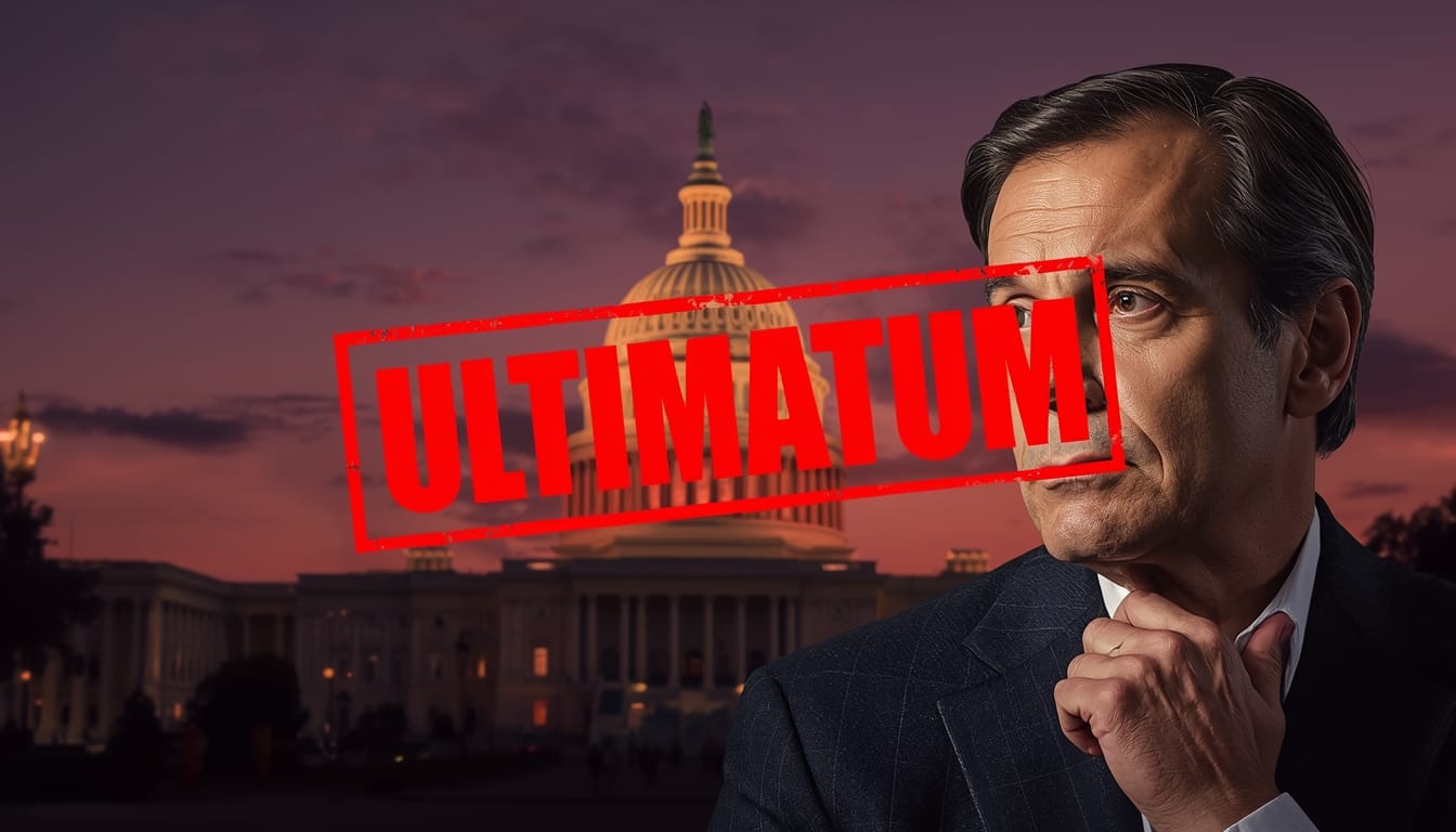 Header banner featuring Dario Amodei, Claude glow, and Capitol dome with "ULTIMATUM" text for Anthropic Pentagon AI feud coverage.