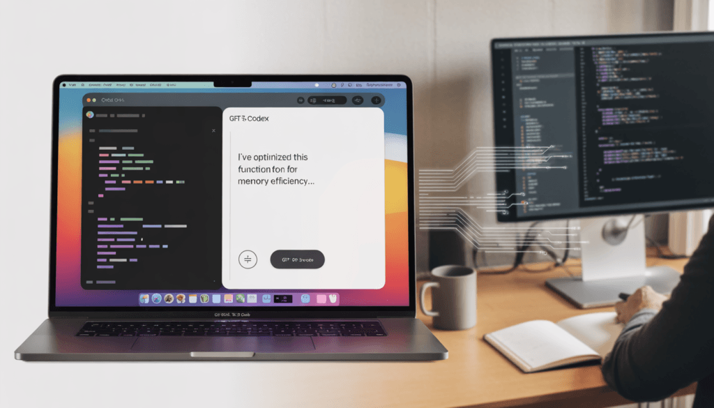 The GPT-5.3 Codex native macOS app open on a MacBook Pro, displaying generated Python code, showcasing the AI coding assistant's integration into a developer's local workflow.
