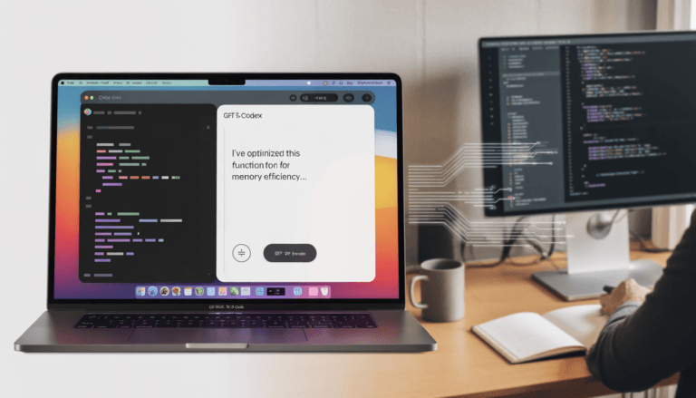 The GPT-5.3 Codex native macOS app open on a MacBook Pro, displaying generated Python code, showcasing the AI coding assistant's integration into a developer's local workflow.