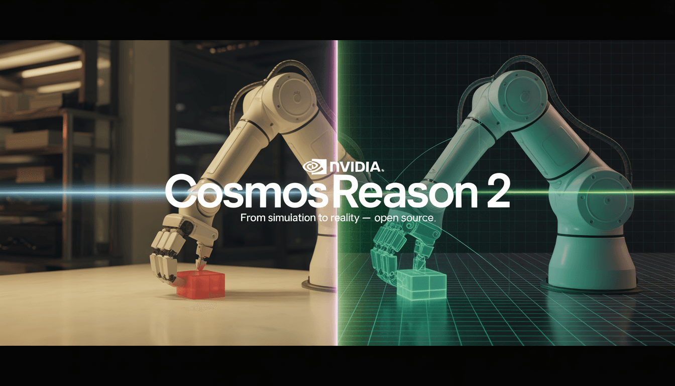 NVIDIA Cosmos Reason 2 blog header showing robotic arm in real world on the left and Isaac Sim digital twin simulation on the right