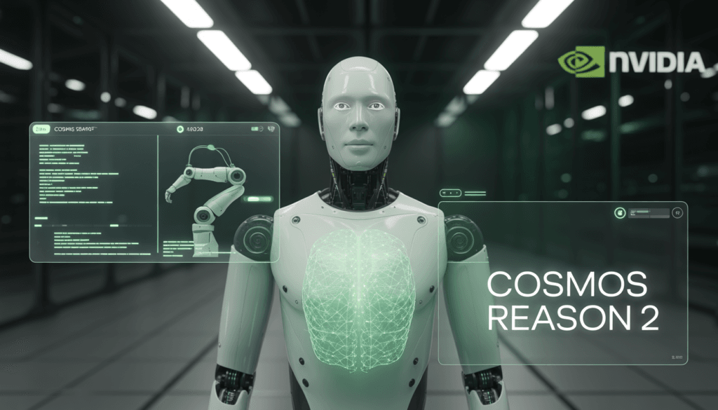 NVIDIA Cosmos Reason 2 humanoid robot with neural network visualization in a modern robotics lab environment