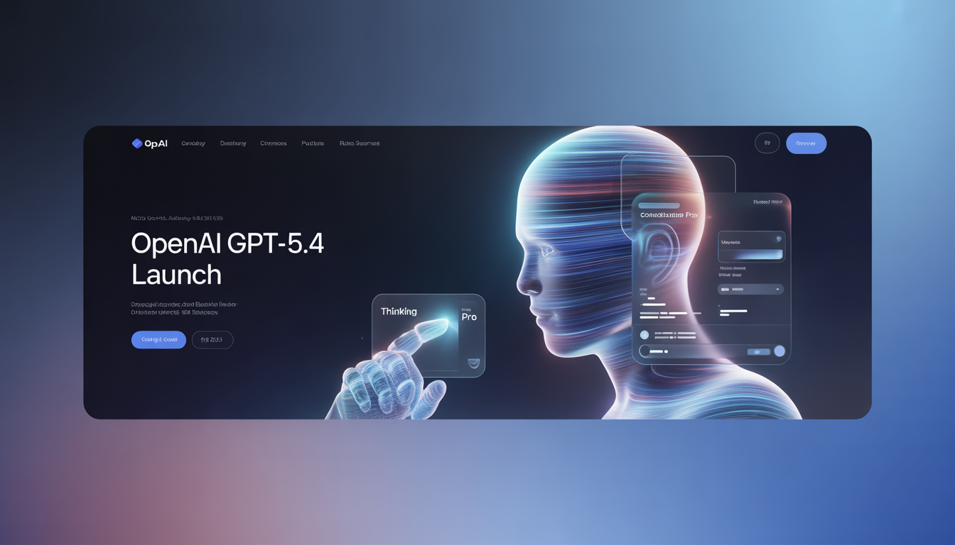 OpenAI GPT-5.4 launch header showing holographic AI interface with Thinking and Pro tier selection on dark gradient background