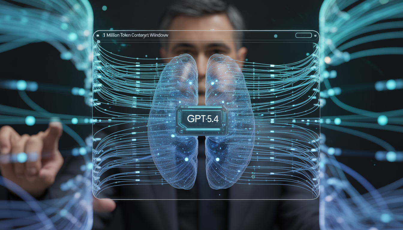 Business professional interacting with GPT-5.4 holographic brain interface displaying 1 million token context window capability